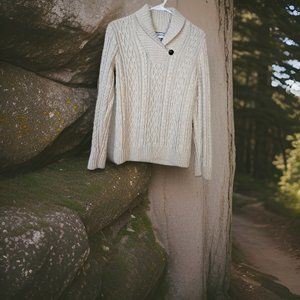 Croft & Barrow Ivory Cable Knit Women's Sweater Button Collared V-Neck Medium